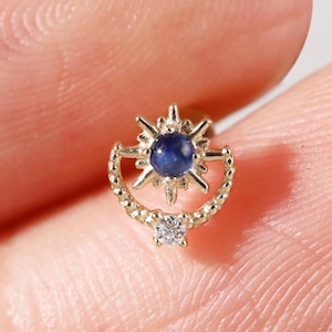 14K Solid Gold Blue Sapphire Moon&Star Earring, Gold Moissanite Celestial Threadless Pin Piercing, Diamond Cartilage Conch Earlobe Push Back