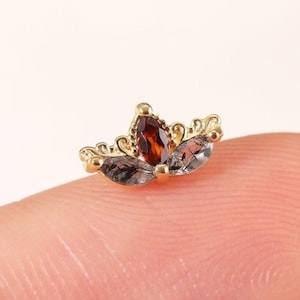 14K Solid Gold Black Rutilated Quartz with Garnet Stud, Marquise Gemstone Floral Cartilage Earring, Clover Conch Helix Push Back Piercing