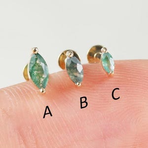 Aretes de ágata musgosa marquesa en oro macizo de 14 quilates, piercings para cartílago, labio, caracola, trago, labio, rosca interna para hélice.