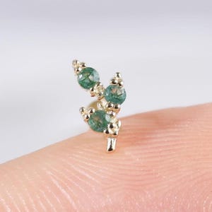 14K Solid Gold Leaf Moss Agate Flat Back Earring, Real Gold Tragus Helix Cartilage Piercing, 14K Tree Cartilage Lobe Conch Push Back Stud