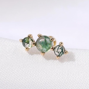 14K Solid Gold Triple Moss Agate Helix Cartilage Earring, Gemstone Threadless Push Pin Piercing, Conch Earlobe Tragus Flat Back Climber Stud
