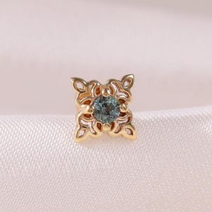 14K Solid Gold Alexandrite Flower Helix Push Back Stud, Texture Floral Conch Tragus Cartilage Piercing, Earlobe Flat Back Threadless Pin