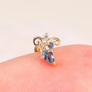 14K Solid Gold London Blue Topaz Vine Earring, 14K Sapphire Flower Helix Push Back Stud, Moissanite Plant Cartilage Lobe Flat Back Piercing