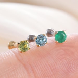 14K Solid Gold Chrysoprase Cartilage Piercing, Peridot Helix Conch Earlobe Push Pin Stud, Natural Blue Zircon Round Stud Flat Back Earring