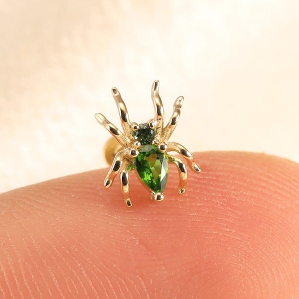 14K Solid Gold Spider Tsavorite with Diopside Earring, Gemstone Cartilage Threadless Push Pin Stud, 14K Conch Tragus Helix Flat Back Earring