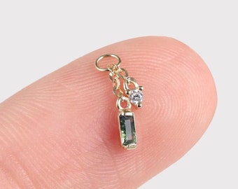14K Solid Gold Dangle Moss Agate with Moissanite Charm, Moss Agate Gold Hoop Clicker Rook Hoop Charm, Huggie Hoop Charm Stud Attachment