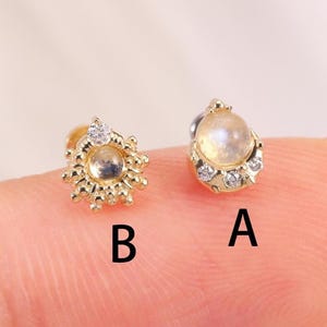 14K Solid Gold Moonstone with Moissanite Stud, Gold Shining Conch Piercing, Gemstone Helix Threadless Flat Back Earring, Push Back Earring