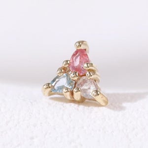 14K Solid Gold London Blue Topaz with Pink Tourmaline Earring, Labradorite Triangle Helix Push Back Stud, Cartilage Lobe Flat Back Piercing