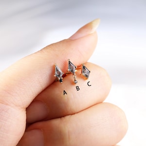 14K Solid Gold Kite Black Rutilated Quartz Earring, Dangle Black Onyx Helix Cartilage Piercing, Smoky Quartz Conch Earlobe Flat Back Stud
