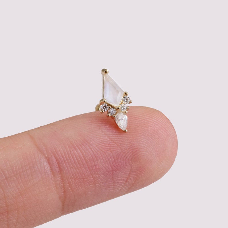 14K Gold Kite Shape Moonstone Earring Rhombus Stud Earring Moissanite Cartilage Earring Helix Stud Tagus Piercing Conch Flat Back Earring image 7