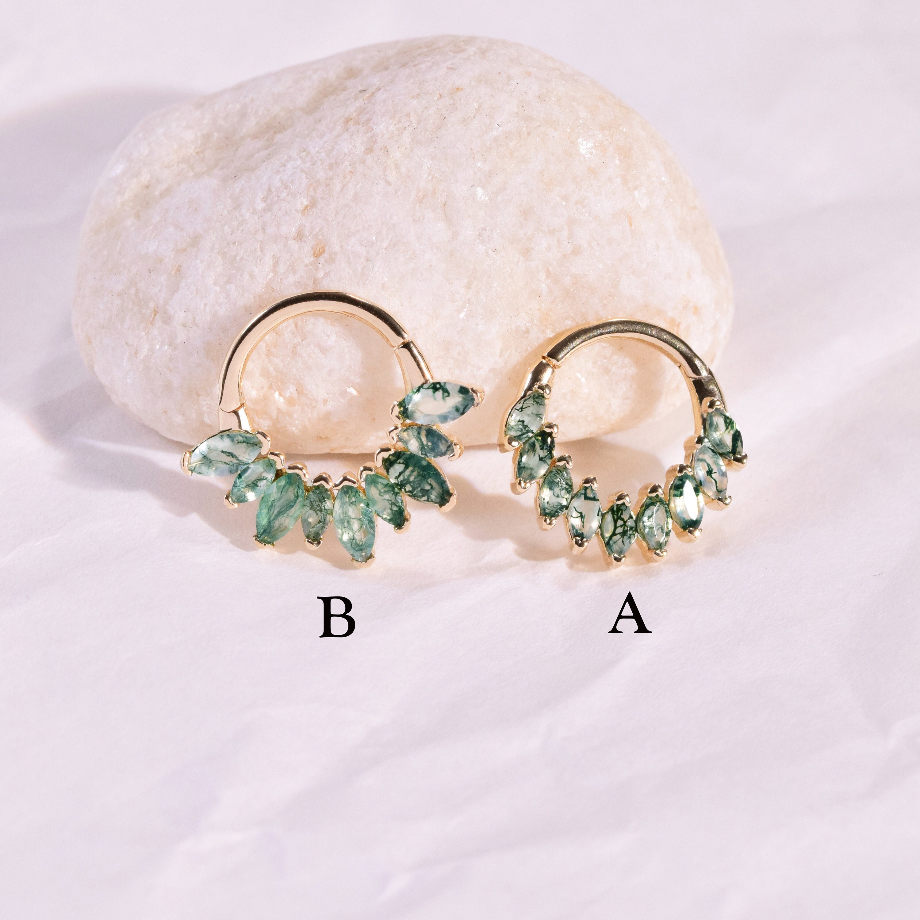 14K Solid Gold Moss Agate Marquise Daith Hoop Clicker Hinged Segment Ring Cartilage Hoop Earring Nose Piercing Helix Clicker Conch Hoop 16g