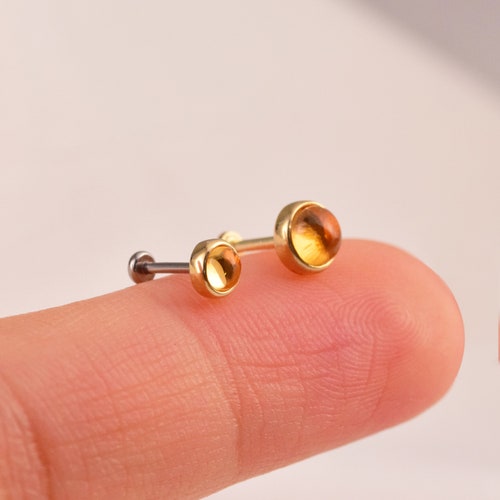 14K massivt guld citrin örhänge, naturlig ädelsten platt baksida örhänge, Helix conch brosk smycken
