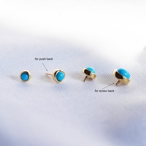 May include: Three turquoise gemstone earrings with gold settings. The earrings on the left and right have a push back closure. The earring in the middle has a screw back closure.