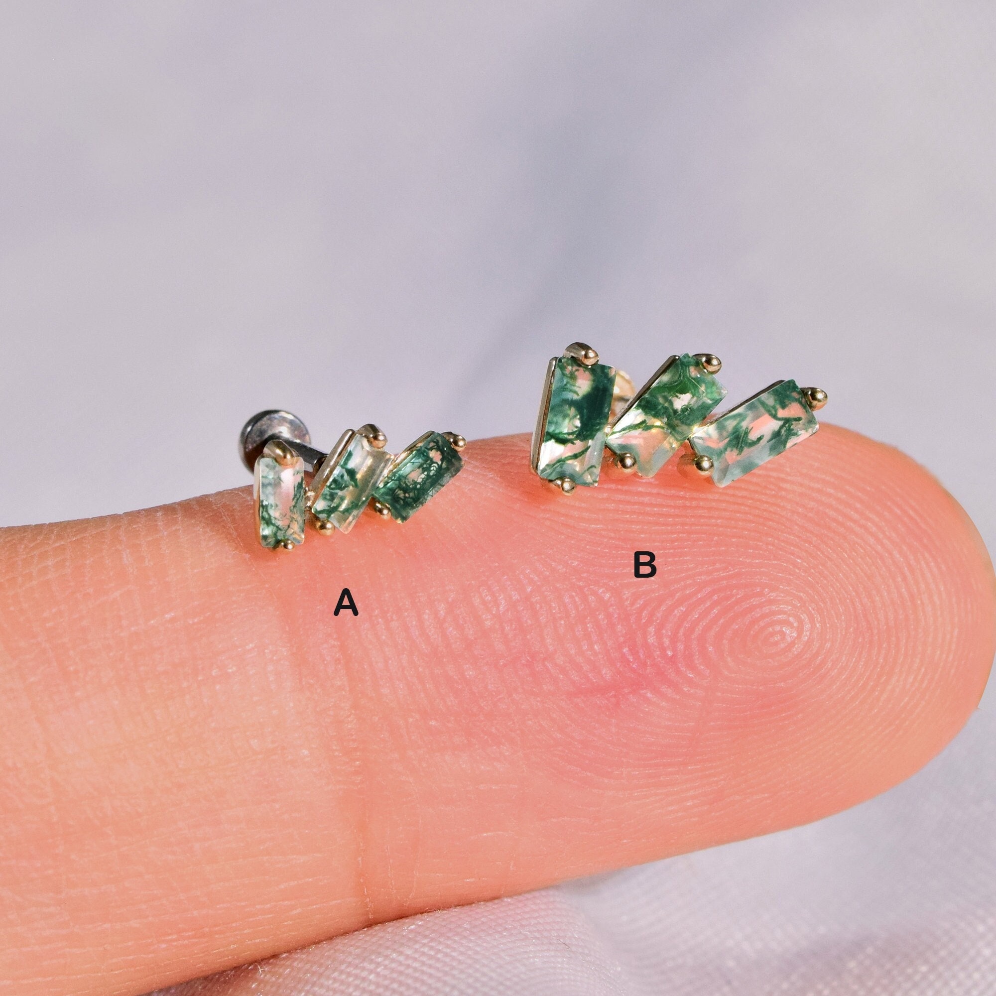 14K Gold Moss Agate Earring Threadless Push Pin Flat Back Stud Baguette Cut Climber Earring Cartilage Helix Conch Earring Flat Back Earring