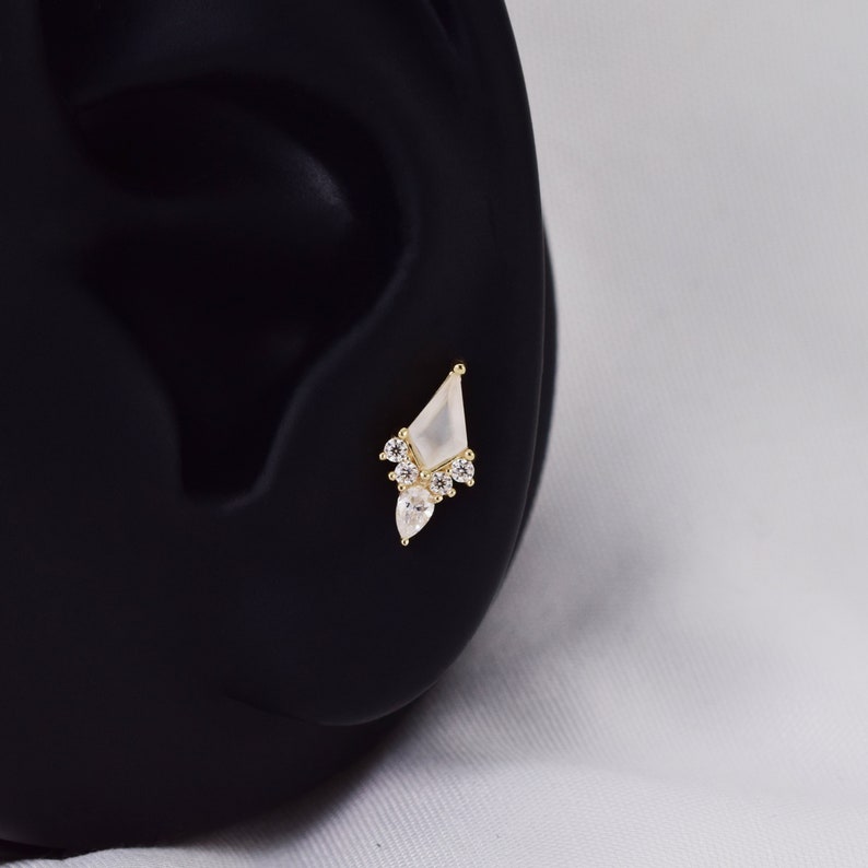 14K Gold Kite Shape Moonstone Earring Rhombus Stud Earring Moissanite Cartilage Earring Helix Stud Tagus Piercing Conch Flat Back Earring image 5