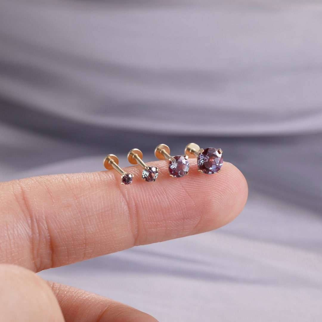 14K Solid Gold Alexandrite Earring Screw Back Stud Dainty Round Shape