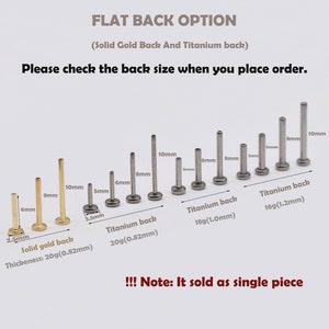 14k solid gold push Pin Labret Titanium Backing only Threadless Flat back 20g 18g 16g in various sizes sold as single piece