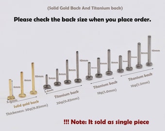 14k solid gold push Pin Labret Titanium Backing only Threadless Flat back 20g 18g 16g in various sizes sold as single piece