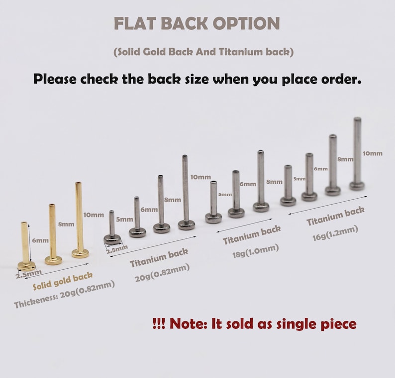 14k Solid Gold Push Pin Titanium Backing Only Threadless Flat Back 20g ...