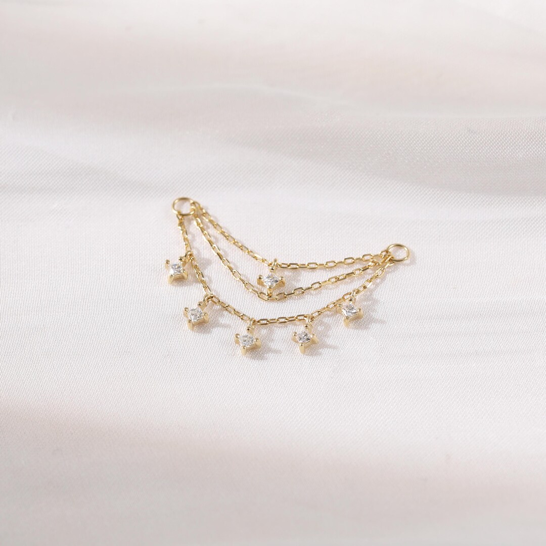 14K Solid Gold Moissanite Star Triple Dangle Chain, Celestial Nose ...
