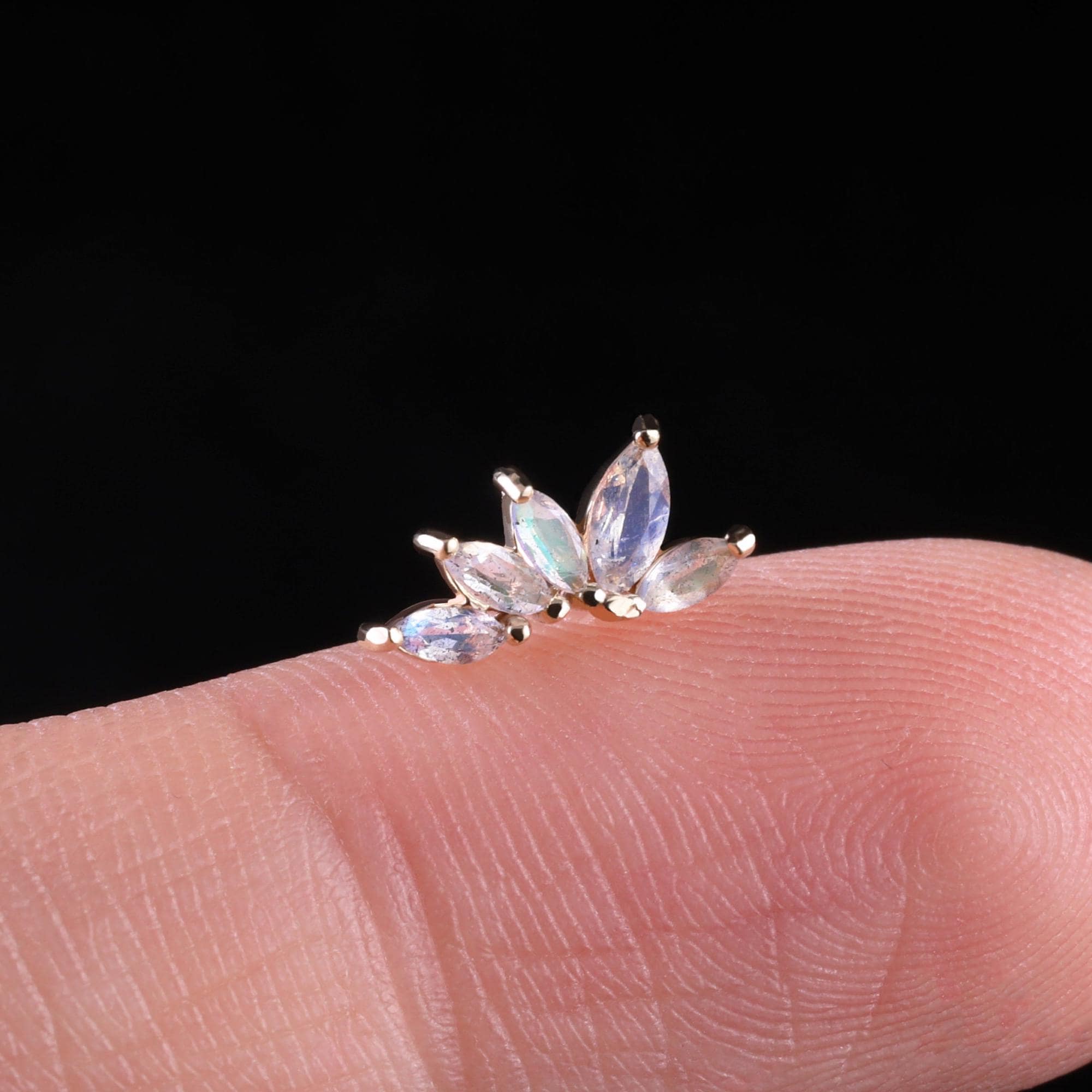 14K Solid Gold Labradorite Floral Cartilage Piercing, Gemstone Fan Shaped Conch Helix Threadless Push Pin, Rainbow Flash Flat Back Stud