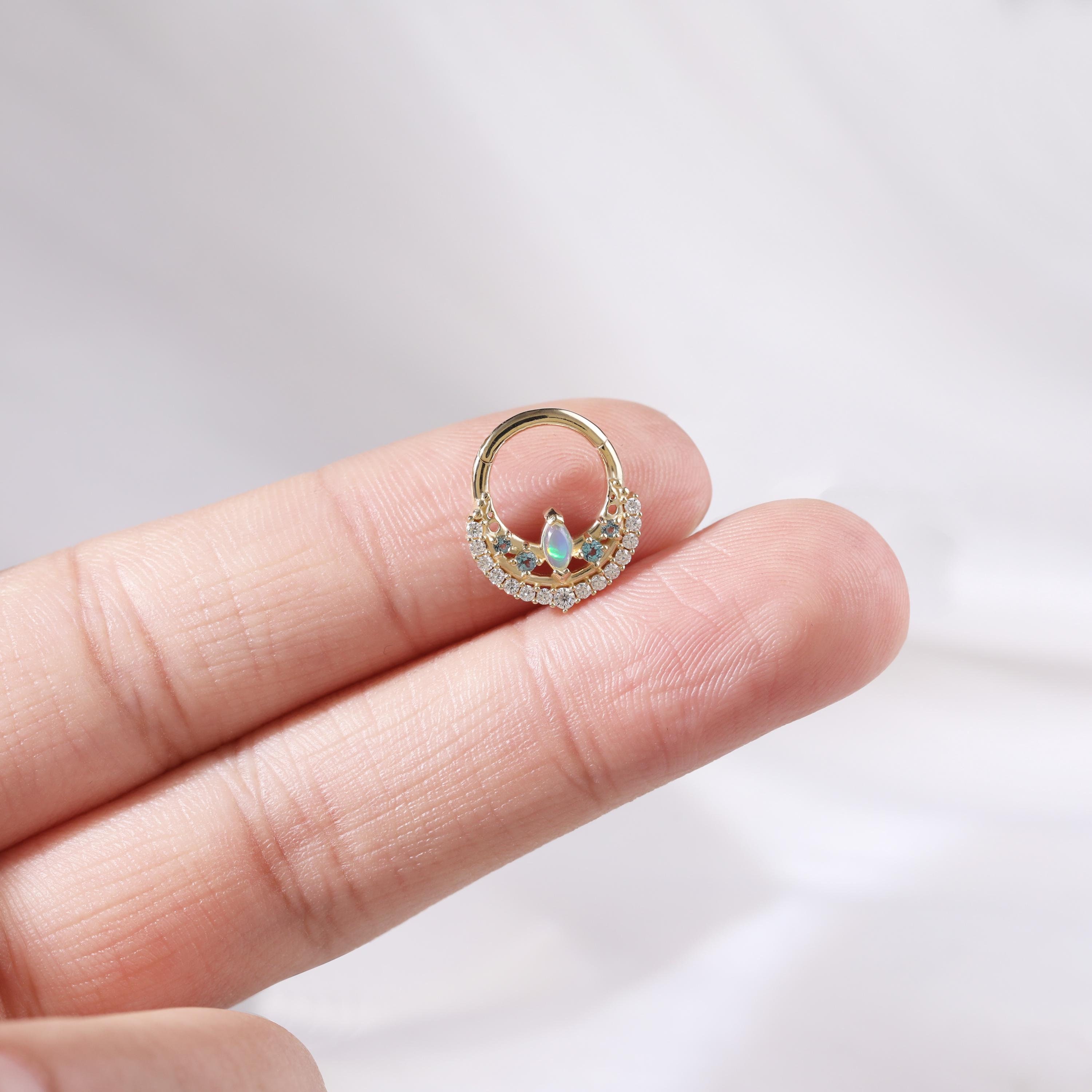 14K Solid Gold Opal with London Blue Topaz Hoop Earring, Cartilage Moissanite Hoop Piercing, Huggie Septum Clicker Earring Gift for her
