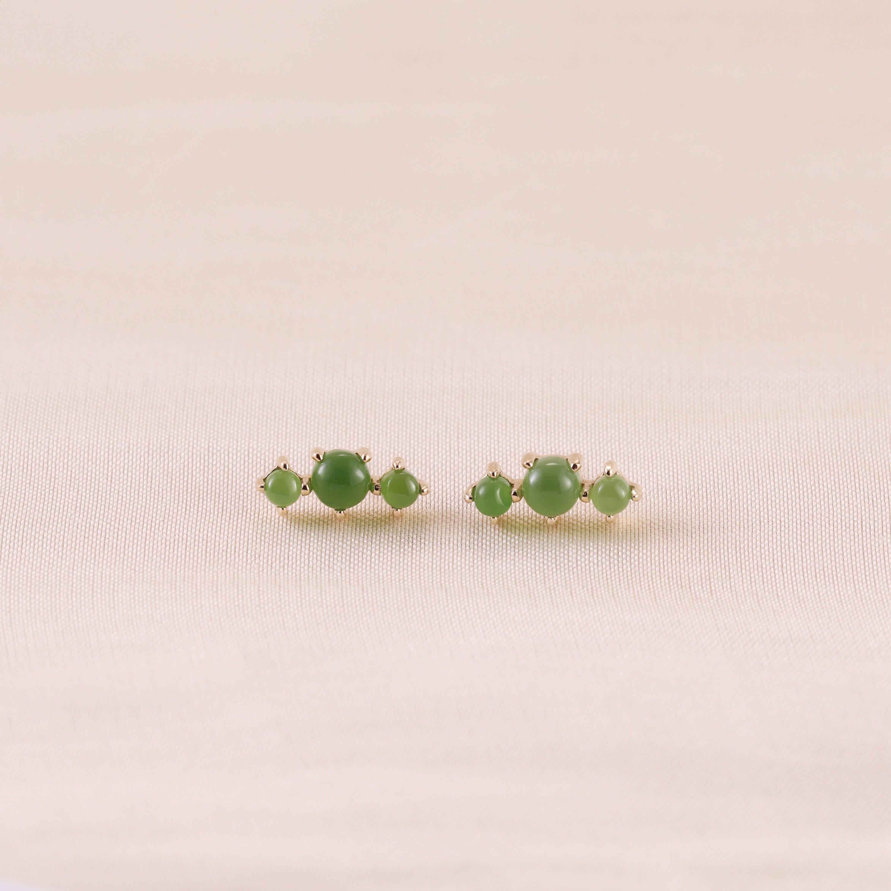 14K Solid Gold Natural Jade Ear Climbers, Jasper Cartilage Cluster Flat Back Piercing, Gemstone Helix Conch Threadless Stud Earring