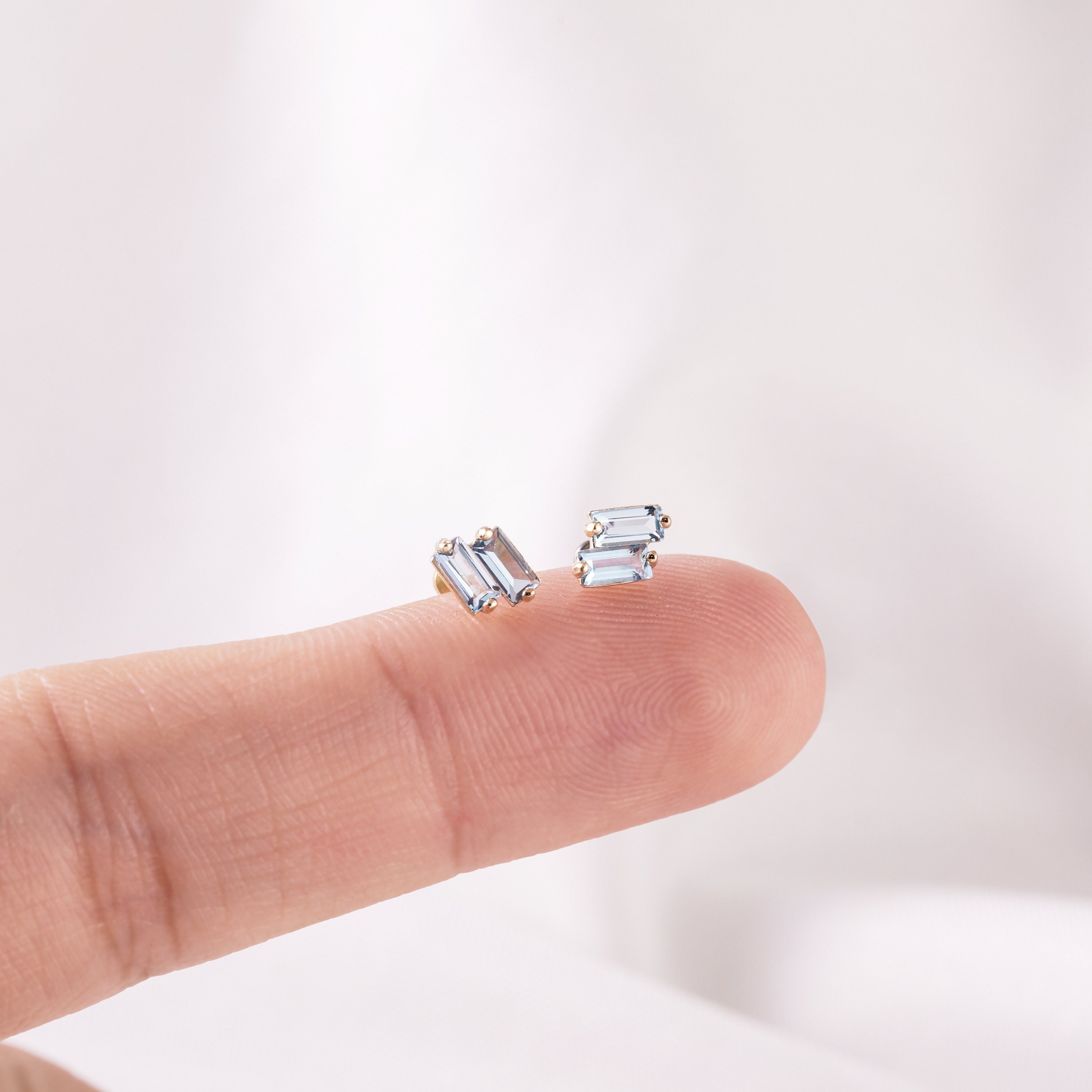 14K Solid Gold Baguette London Blue Topaz Stud Earring
