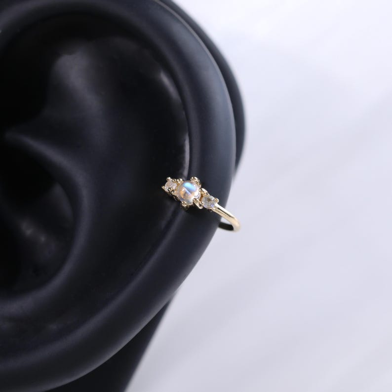 14K Solid Gold Moonstone Rook Clicker, Natural Gemstone Cartilage Nose ...