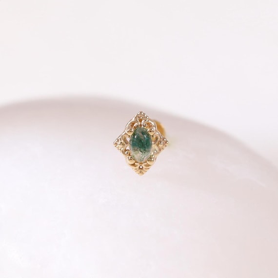 14K Solid Gold Moss Agate Floral Flat Back Piercing, Gemstone Flower Helix Cartilage Earring, Rhombus Conch Labret Nose Threadless Pin Stud