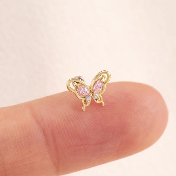 14K Solid Gold Pink Tourmaline Butterfly Studs, Moissanite Tragus Helix Threadless Pin, Diamond Butterfly Labret Conch Cartilage Piercings