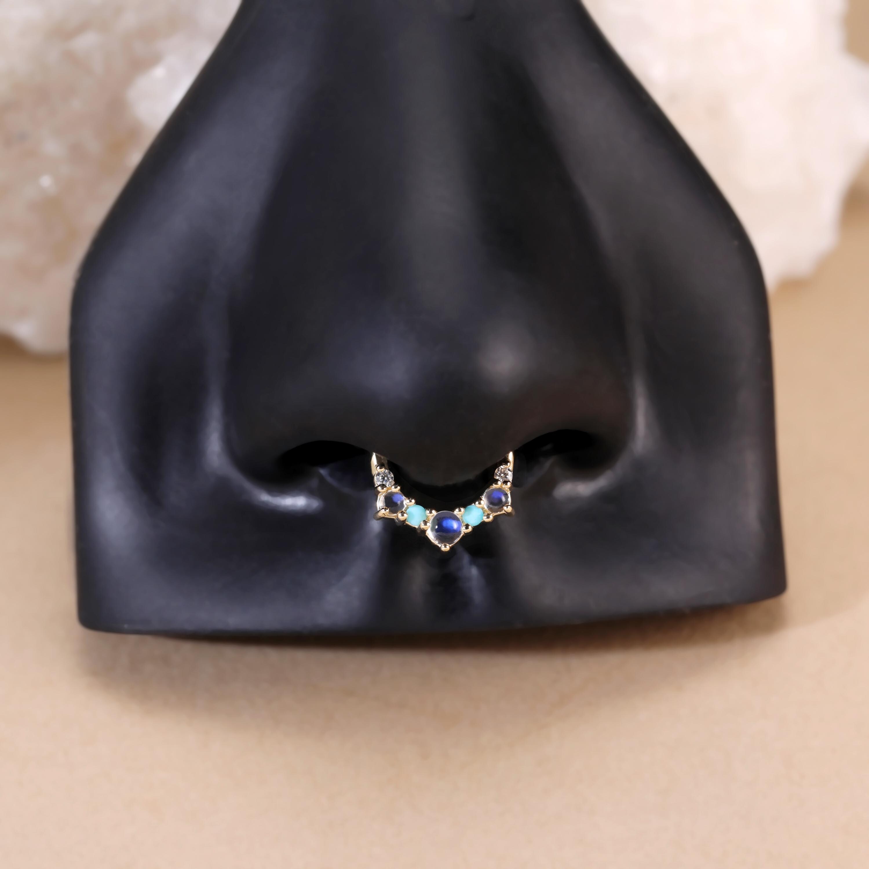 ◆STONEHENgE◆ 14K Pearl Piercing M0822 Single 14K Solid Gold Moonstone With Turquoise Conch Hoop