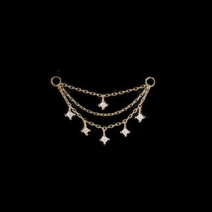14K Solid Gold Dangle Moissanite Star Triple Industrial Earring Chain Connector, Celestial Nose Helix Tragus Chain Cartilage Ear Stack Chain