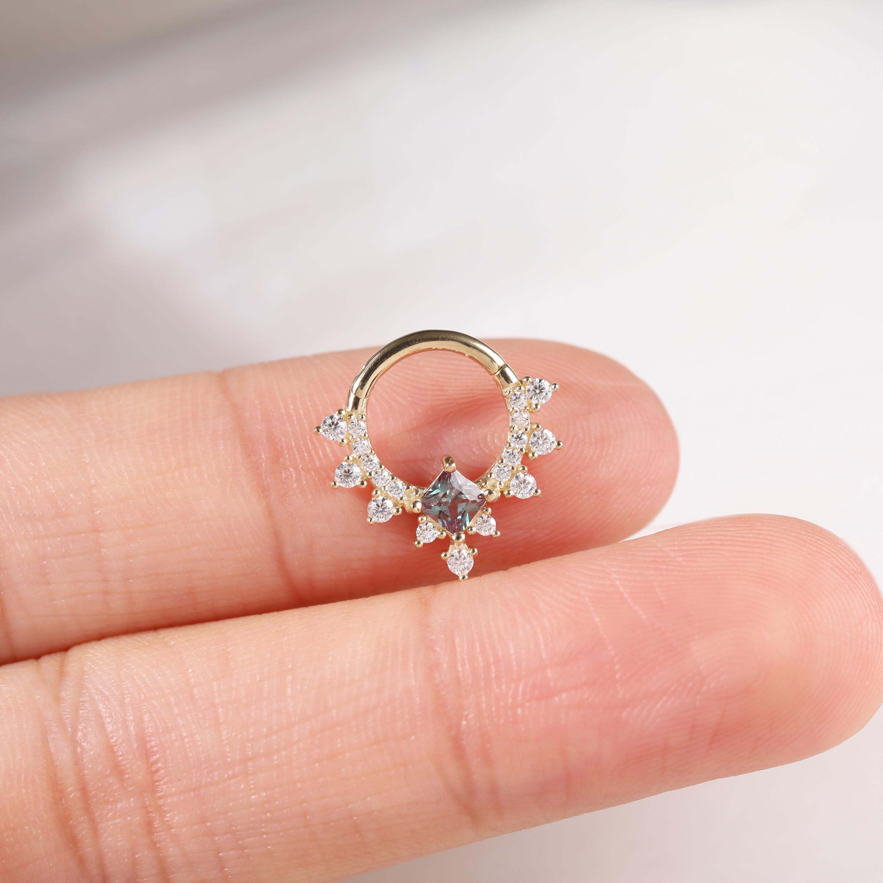 14K Solid Gold Alexandrite with Moissanite Daith Clicker Earring, Dainty Diamond Seamless Helix Huggie 16G Hoop Hinged Septum Ring Piercing