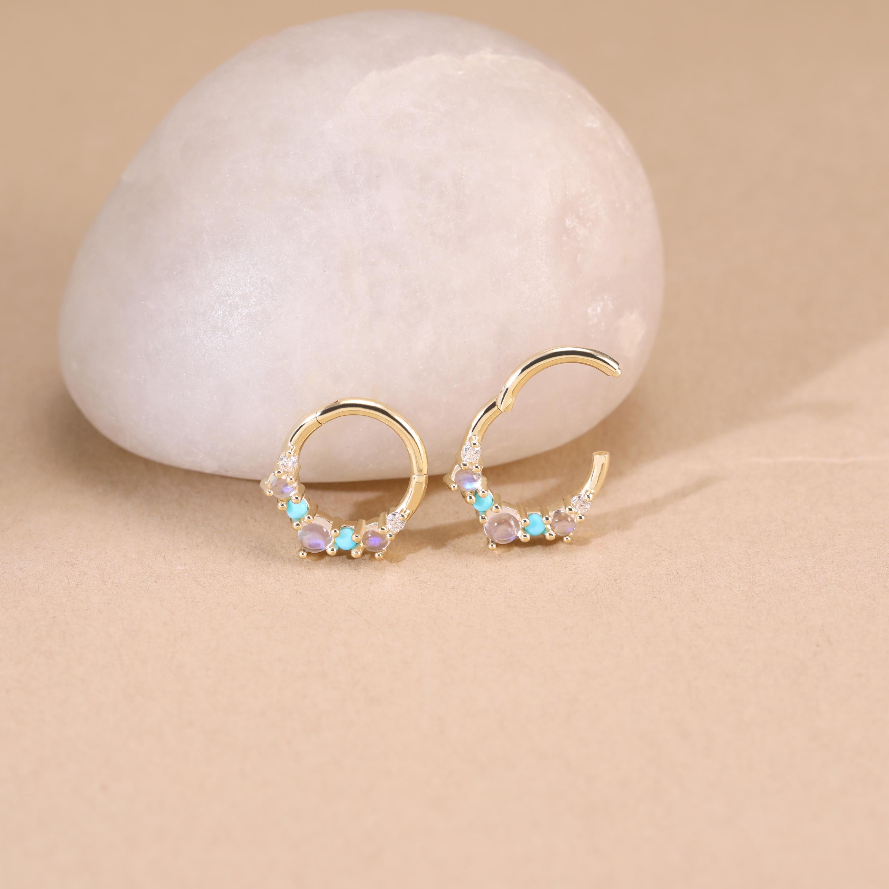 14K Solid Gold Moonstone With Turquoise Conch Hoop