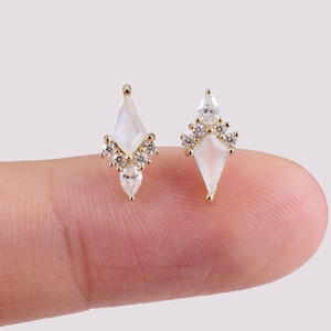 14K Gold Kite Shape Moonstone Earring Rhombus Stud Earring Moissanite Cartilage Earring Helix Stud Tagus Piercing Conch Flat Back Earring image 4