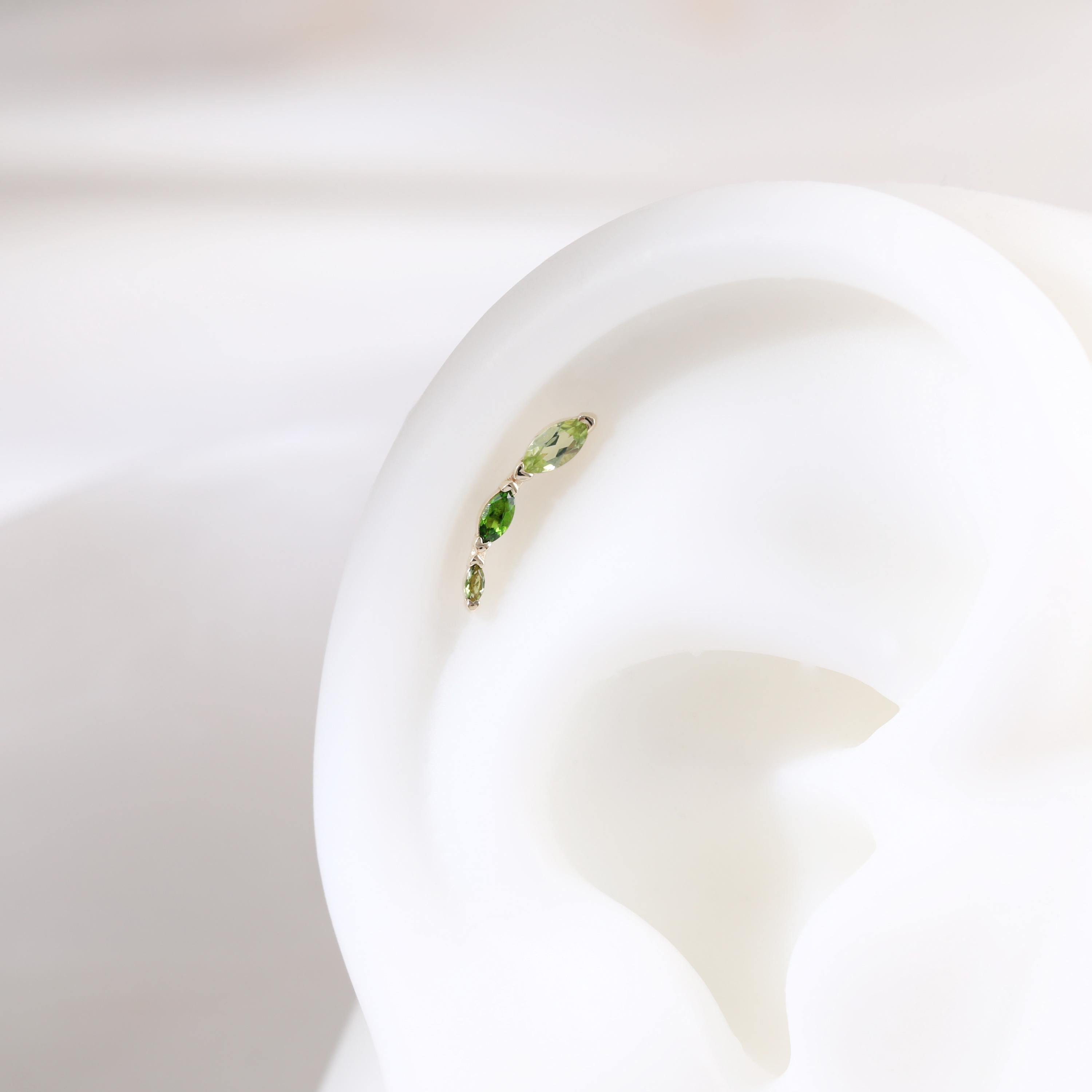 14K Solid Gold Diopside with Peridot Crawler Stud, Green Tourmaline Helix Cartilage Ear Climber, Real Gold Conch Gemstone Cluster Piercing