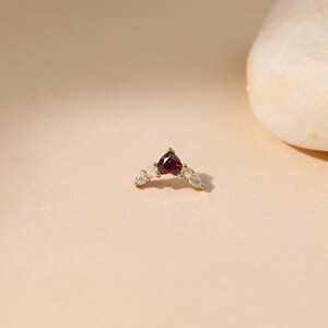 14K Solid Gold Rhodolite Garnet with Moonstone Climber, Crown Moissanite Threadless Push Pin, Cartilage Helix Conch Lobe Flat Back Piercing