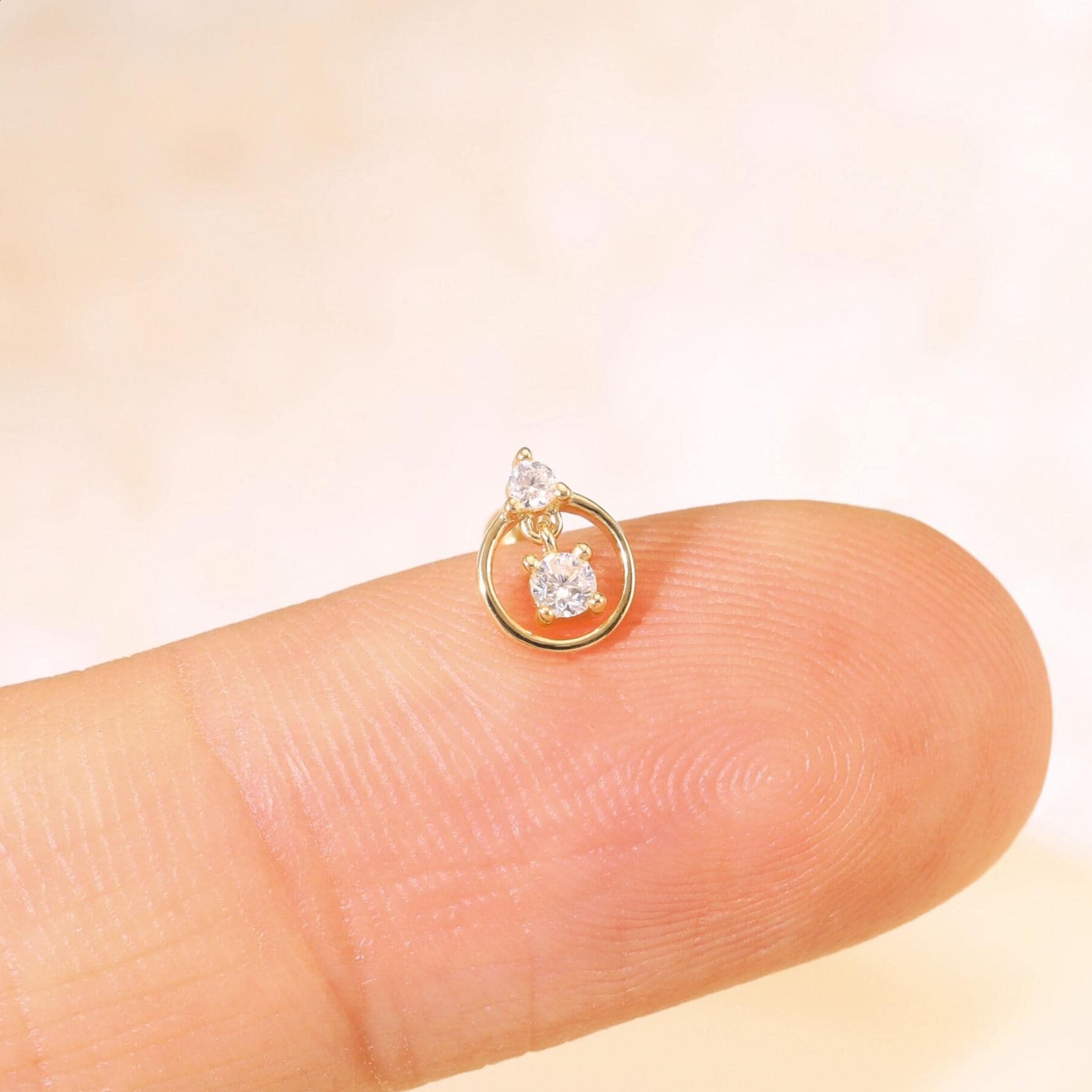 14K Solid Gold Moissanite Circle Cartilage Earlobe Stud, Double Stone Conch Helix Tragus Piercing, Gold Diamond Threadless Push Pin Earring