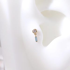 14K Solid Gold Baguette London Blue Topaz Helix Dangle Earring, Bezel Setting Moissanite Cartilage Earlobe Tragus Threadless Push Pin Stud