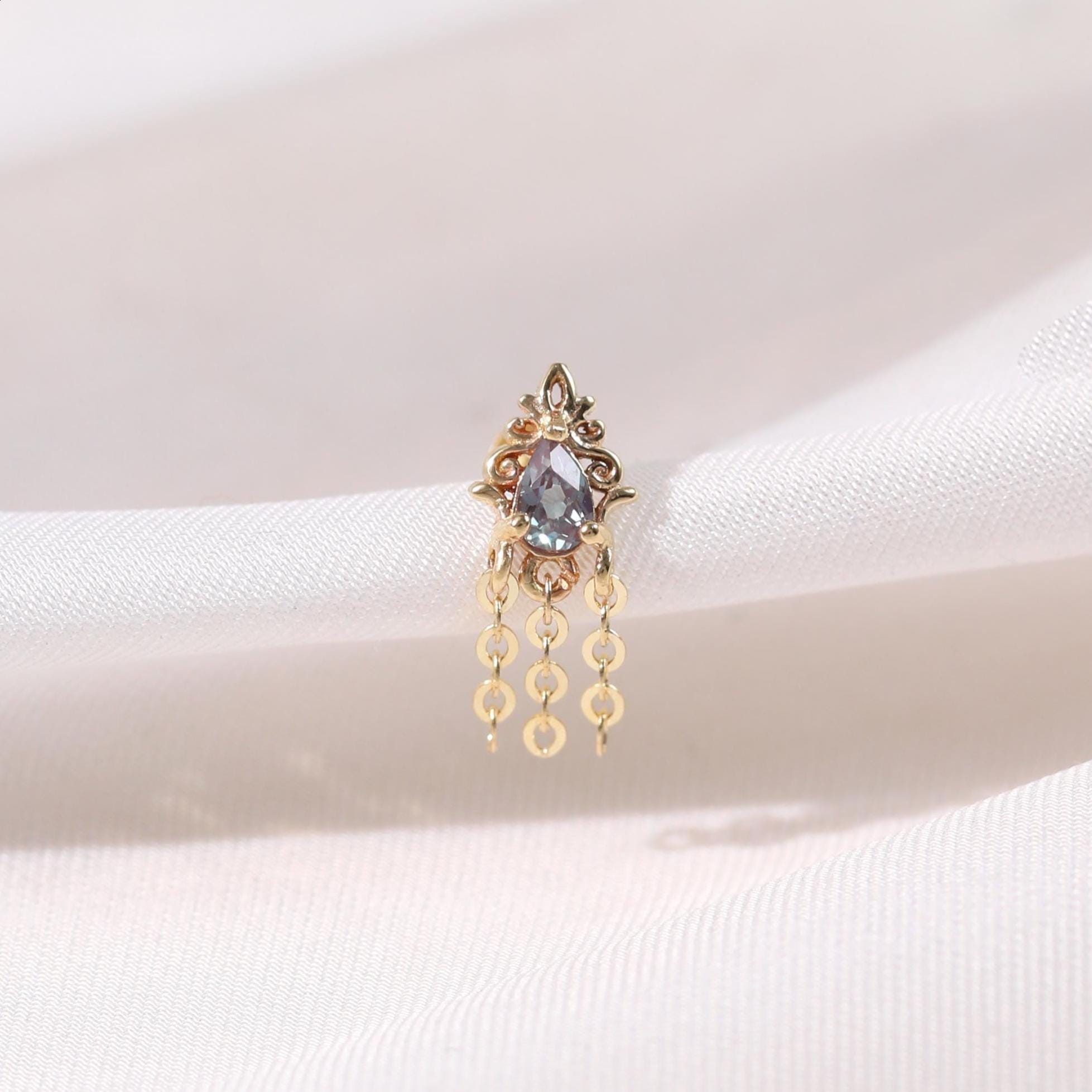 14K Solid Gold Dangle Alexandrite Cable Chain Push Back Stud, Drop Vertical Helix Conch Tragus Cartilage Earlobe Threadless Pin Earring