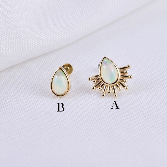 14K Solid Gold Natural Opal Cartilage Pear Opal Earring Dainty Opal Helix Earring Targus Stud Conch Piercing Flat Back Earring