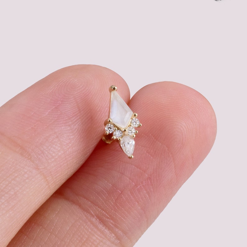 14K Gold Kite Shape Moonstone Earring Rhombus Stud Earring Moissanite Cartilage Earring Helix Stud Tagus Piercing Conch Flat Back Earring image 1