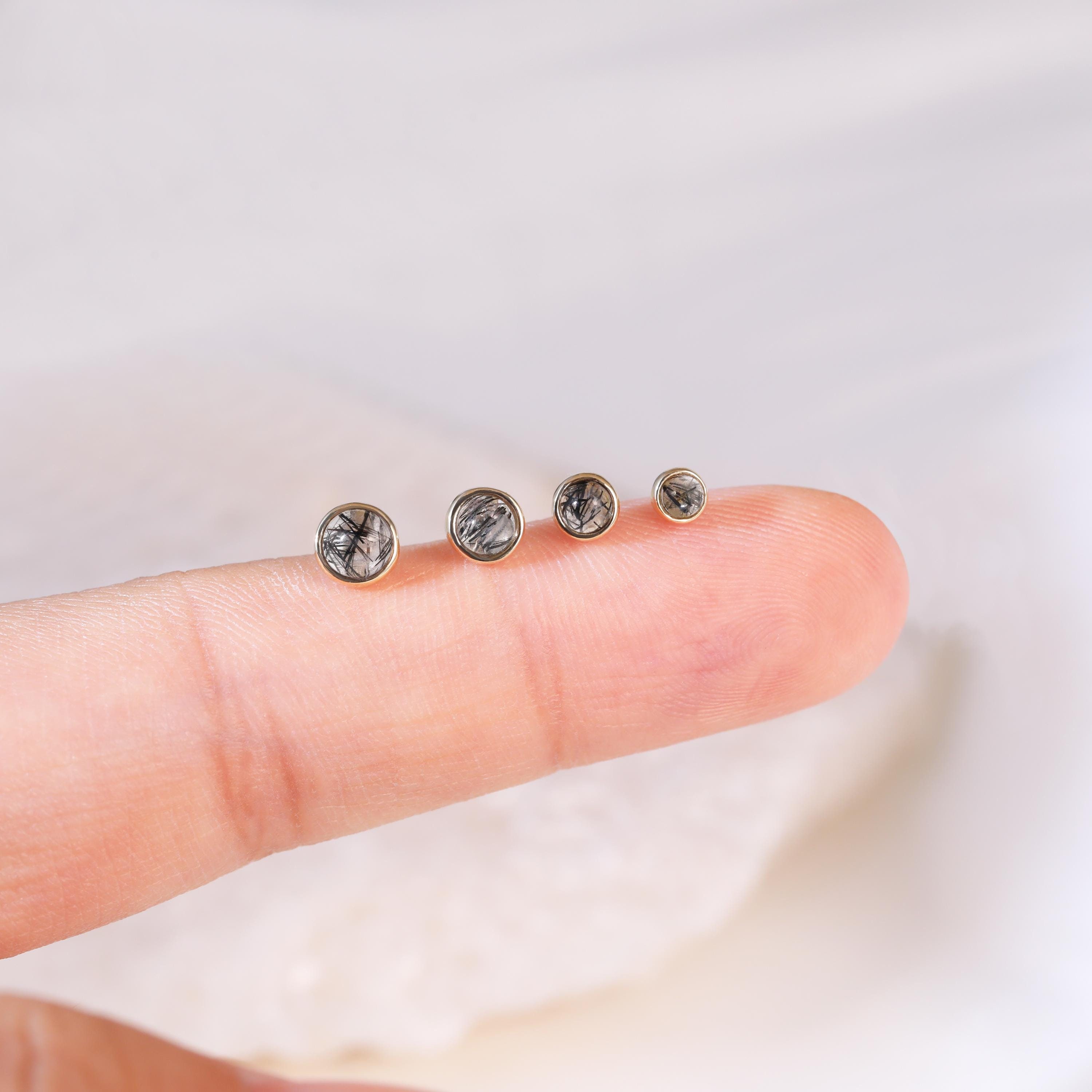 14k Solid Gold Black Rutilated Quartz Flat Back Stud, Many Size Gemstone Helix Labert Conch Piercing, Gold Tiny Threadless Push Pin Earring