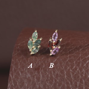 14K Solid Gold Moss Agate Leaf Earring, Garnet Amethyst Flat Back Piercings by LeiTjewelry