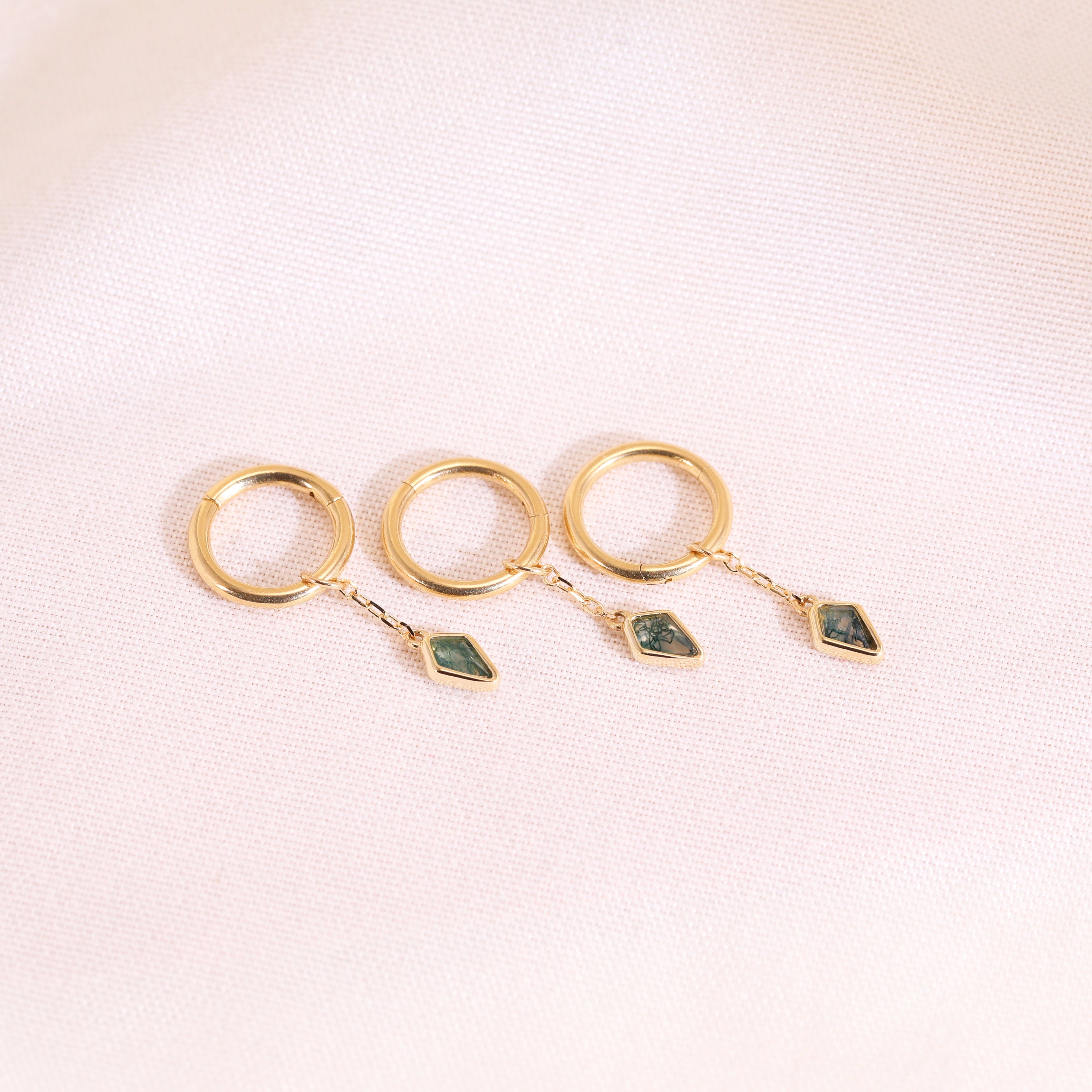 【片方】agete♡gold charm✩.*˚ 14K Solid Gold Dangle Moss Agate Charm, Gemstone Hoop