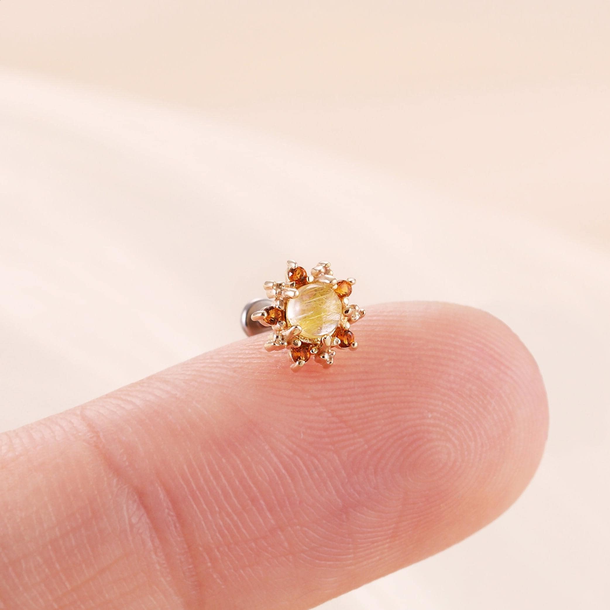 14K Solid Gold Yellow Hair Quartz with Citrine Stud, Sunflower Gemstone Sunburst Earlobe Earring, Floral Natural Crystal Butterfly Back Stud