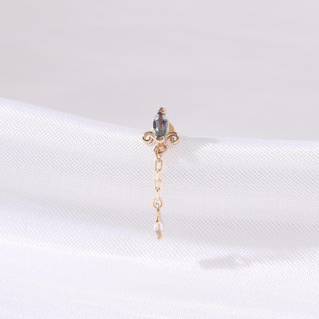 14K Solid Gold Alexandrite With White Topaz Stud, Gemstone Cartilage Helix Tragus Piercing, Dangle Cable Chain Lobe Threadless Pin Earring - Etsy Japan