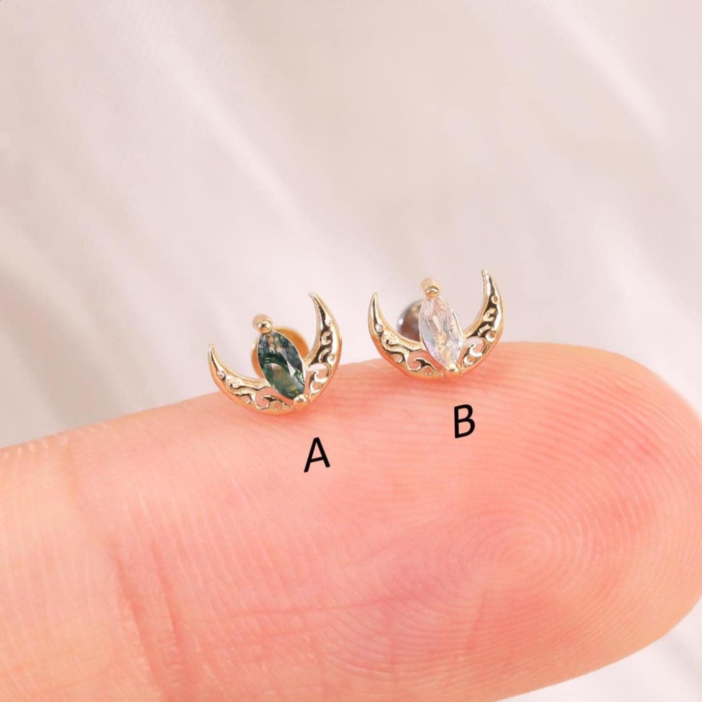 14K Solid Gold Moss Agate Crescent Moon Earring, Labradorite Sailor Moon Conch Helix Flat Back Stud, Cartilage Lobe Threadless Pin Piercing