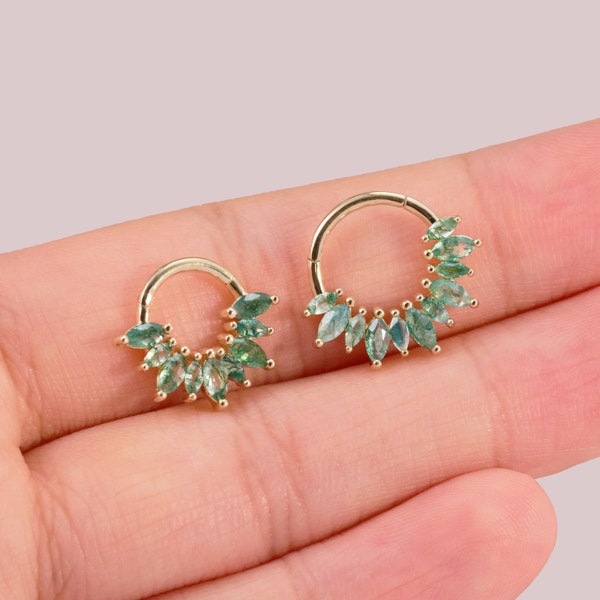 14K Solid Gold Moss Agate Fan Shape Hinged Clicker Ring Gold Daith Piercing Cartilage Hoop Earring Septum Nose Ring Helix Piercing 16g